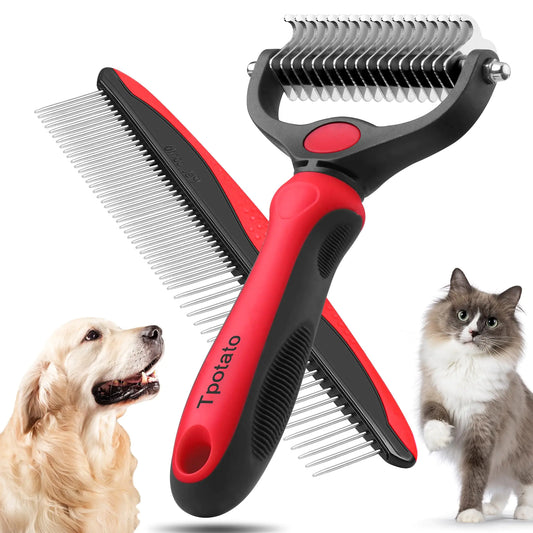 Deshedding Pet Brush for Long Haired Dogs CatsUndercoat Shedding Rake for Dematting Detangling Tangles Matted Fur and KnotsFree Pet CombProfessional Pet Grooming Supplies Tool KitRed